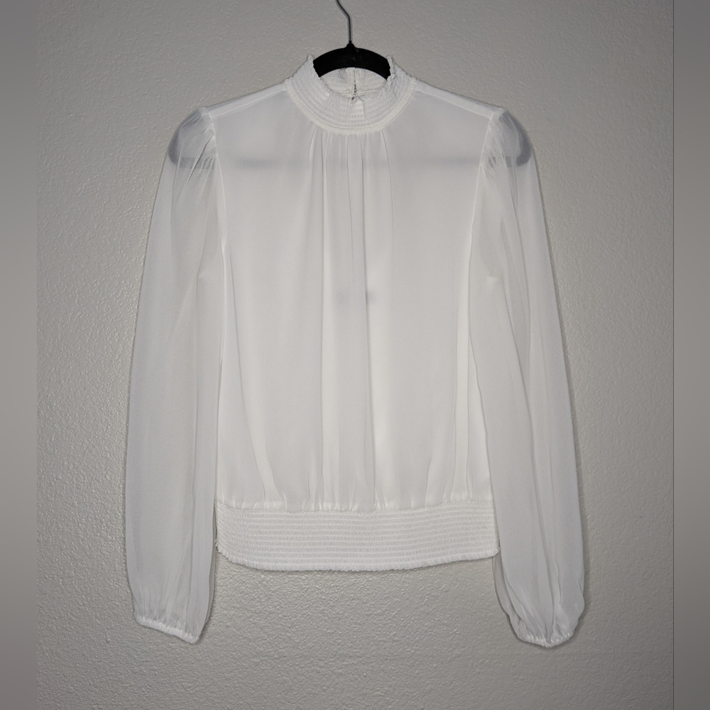 1. State White Sheer Quiet Luxury Yacht Gala Smocked Mock Neck Top S